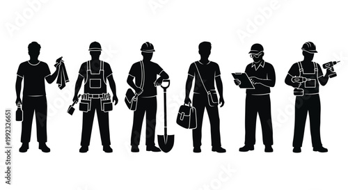 Group of various construction workers and professionals standing together as silhouettes representing diverse labor job industry roles