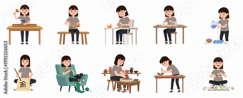Set of Flat Vector Illustrations of a Young Woman Engaging in Various Creative Hobbies and Handicraft Activities
