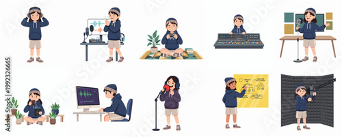 Set of flat vector illustrations featuring a young podcaster and audio producer character in various recording activities and poses.