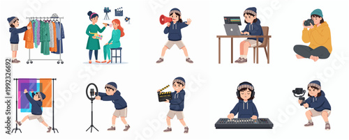 Set of flat vector characters representing film and video production crew roles such as director, cinematographer, editor, and stylist for media industry concepts.
