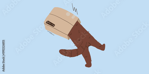 Funny brown furry creature or cat stuck in a cardboard box, cute animal hiding in package, humorous delivery and shipping vector illustration.