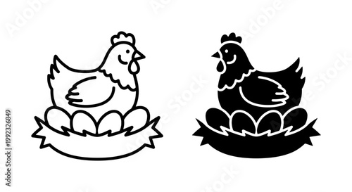 Chicken sitting on eggs in nest line art icons