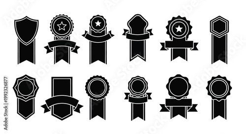 Collection of black ribbon badges and award emblems a silhouette