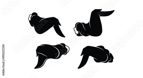 chicken wings icon set, four pieces, black silhouette, simple vector design, high contrast, no texture, isolated background