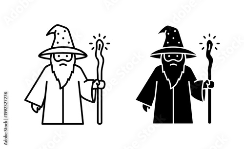 Wizard line and silhouette icon set holding magic staff
