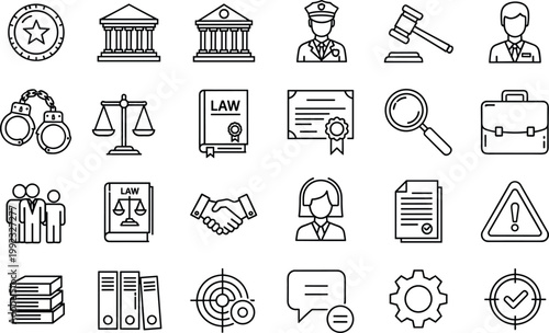 Law justice legal icons, courthouse police officer graphics, gavel scales handshake symbols, professional document certificate design, legal system illustration