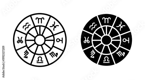 Zodiac Wheel Icons with Astrology Symbols and Celestial Signs