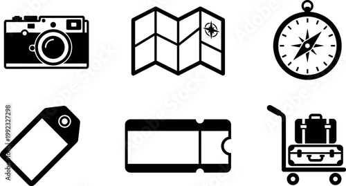 Black and white travel icons camera map compass luggage ticket and tag set