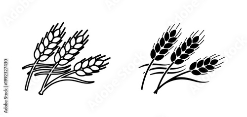 Wheat Ear Grain Black Outline and Silhouette Vector Icons