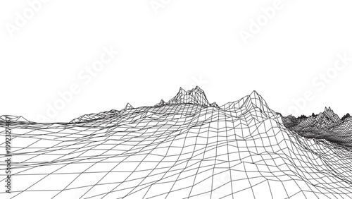 Futuristic Wireframe Terrain Landscape Vector with Abstract Grid Mesh Mountains, Digital Topographic Surface, Low Poly Geometry, Technology Background for Data and Science Design