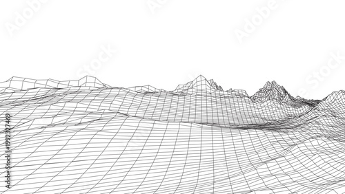 Futuristic Wireframe Terrain Landscape Vector with Abstract Grid Mesh Mountains, Digital Topographic Surface, Low Poly Geometry, Technology Background for Data and Science Design