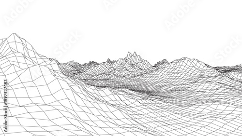 Futuristic Wireframe Terrain Landscape Vector with Abstract Grid Mesh Mountains, Digital Topographic Surface, Low Poly Geometry, Technology Background for Data and Science Design