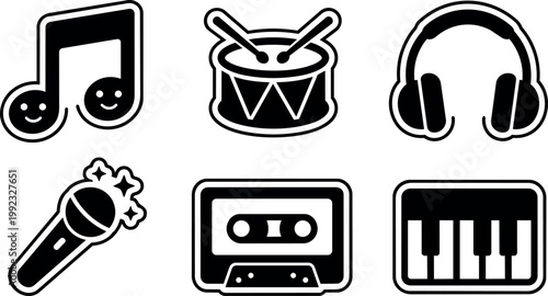 Black and white music icons set with drum microphone headphone cassette and piano keyboard vector art