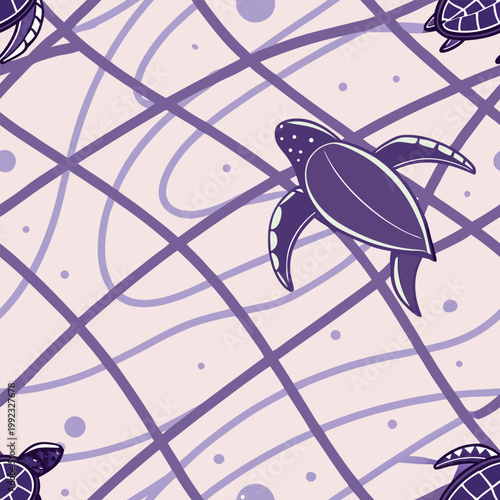 Purple sea turtle seamless pattern vector, marine life background with swimming turtles, aquatic animal textile print with wavy lines and bubbles