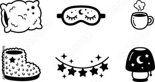 Black and white cozy sleep icons with pillow eye mask cup slippers and night lamp