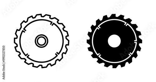 Industrial circular saw blade vector icons, black steel wood cutting tool set, sharp metal sawblade silhouettes for carpentry and construction
