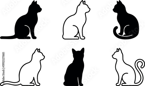 Black and white cat silhouette and line art six icons set
