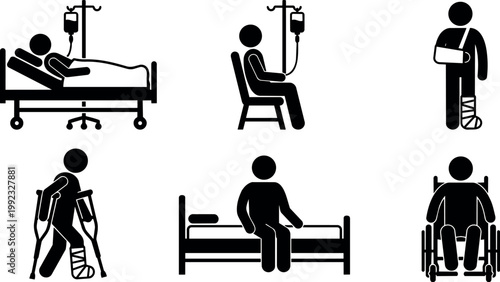 Black and white medical patient care and injury recovery vector icons