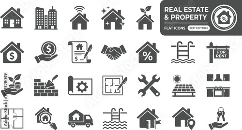 Real Estate and Property Solid Icon Set. Home, mortgage, Building, Rent, Sale, Investment, Realtor. Editable Vector Illustration.