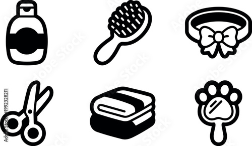 Black and white pet grooming tools icons set including shampoo brush collar scissors towel and mirror
