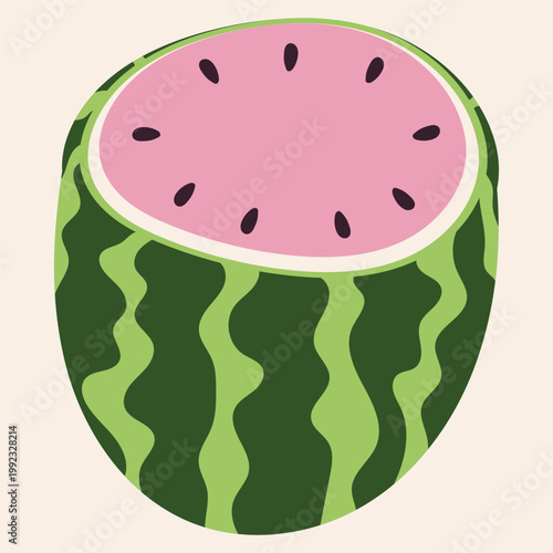 Stylized watermelon vector illustration with pink flesh and seeds, flat summer fruit