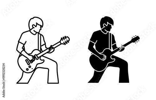 Minimalist Electric Guitar Player Line Art and Silhouette Icon