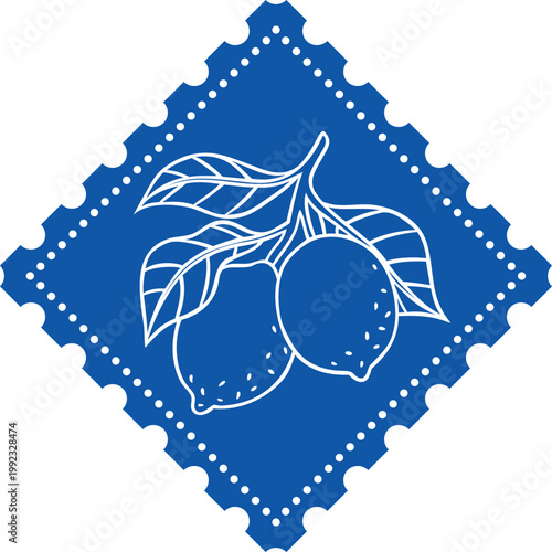 Postage stamp with lemons and wavy edges blue line art, citrus fruits on branch with leaves, Mediterranean vector design