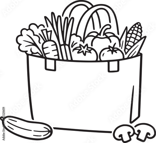 Vegetable Shopping Bag Minimal Line Art Vector for Organic Grocery Eco Friendly Market Concept