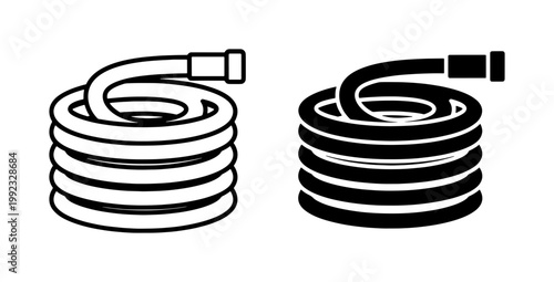 Coiled Garden Hose Icon Set in Outline and Solid Style
