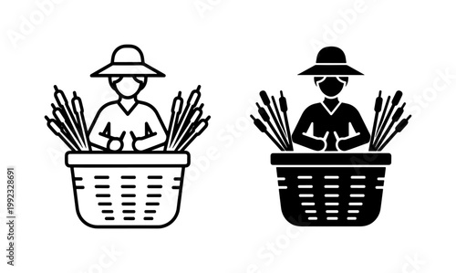 Asian Farmer Icon with Harvest Basket and Rice Plants