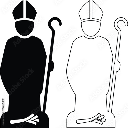 Vector icon set features a Catholic bishop or holy saint in black silhouette and outline styles, wearing a mitre and holding a crosier staff for religious or church design.