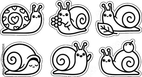Black and white line art cute snails with hearts flower and leaf elements