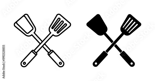 Kitchen utensils, cooking tools, spatula and grill brush icons, black and white vector graphics