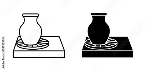 Pottery wheel icons, ceramic vase illustrations, pottery tools, black and white graphics