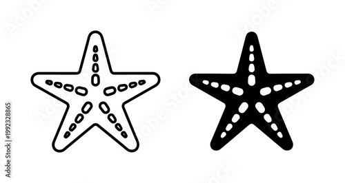 Starfish icons, black and white vector stars, sea creatures, ocean symbols, marine illustrations