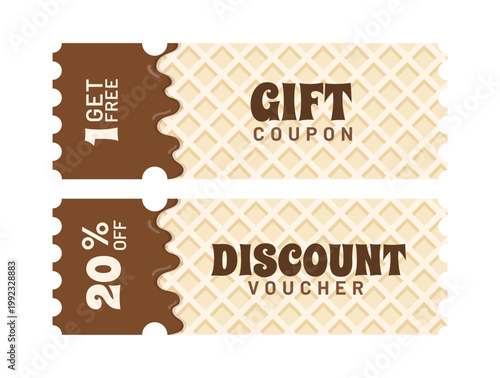 Ice cream themed coupon and discount voucher template with waffle pattern and chocolate elements. Perfect for promotions, sales, gift cards, and retail marketing design with stylish layout.