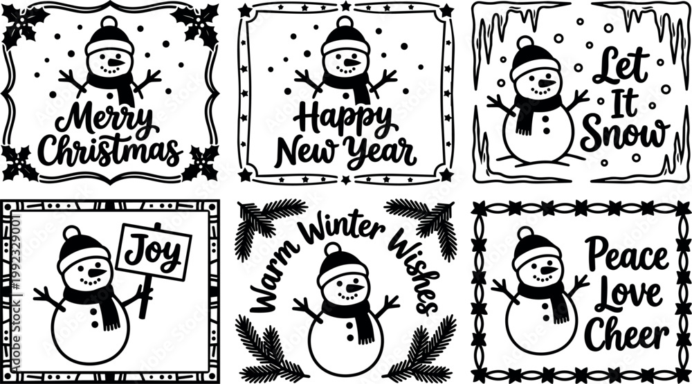 Fototapeta premium Black and white winter holiday snowman greetings set with festive lettering and decorations