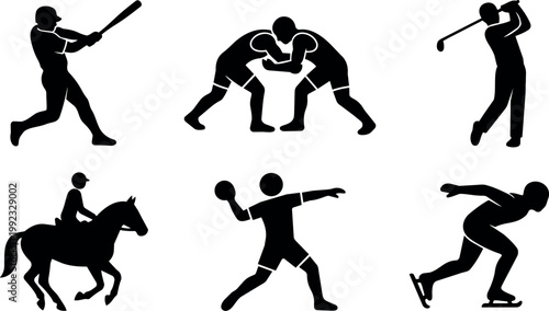 Silhouette vector art of six athletes playing different sports including baseball wrestling golf horseback riding handball and speed skating