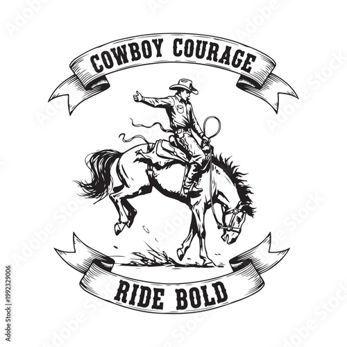 Cowboy courage ride bold vintage illustration on white background