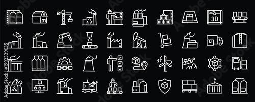 Factories web icons in line style. Production, technology, factory, industry power, manufacture. Vector illustration.