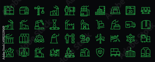 Factories web icons in line style. Production, technology, factory, industry power, manufacture. Vector illustration.