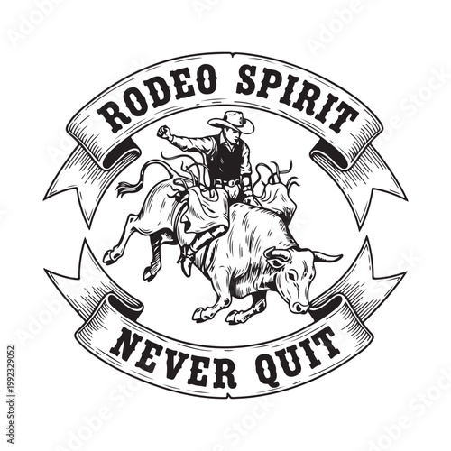 Rodeo spirit never quit cowboy riding bull isolated on white background