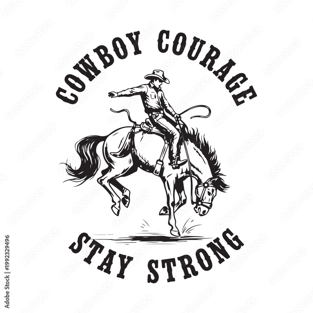 Obraz premium Cowboy courage motivational poster with horse and rider isolated on white background