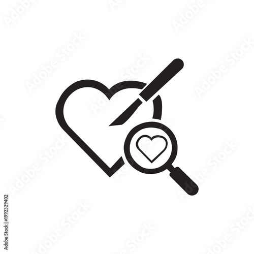 A 3d heart symbol with a magnifying glass icon serves as a vector illustration for a love search concept using a glass lens tool to find zoom and magnification in a business design