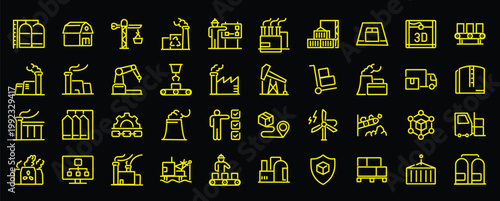 Factories web icons in line style. Production, technology, factory, industry power, manufacture. Vector illustration.