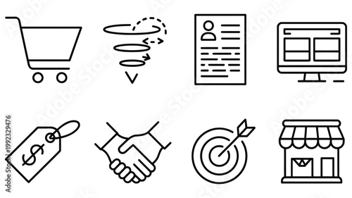 Sales tools outline icon set featuring simple business and commerce symbols, marketing instruments, revenue tracking elements