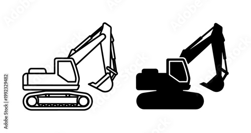 Excavator Construction Vehicle Outline and Silhouette Icon Set