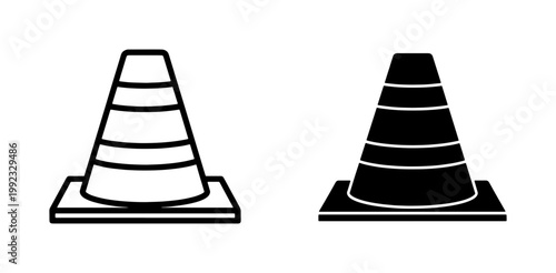 Traffic cone icon set in outline and solid black style