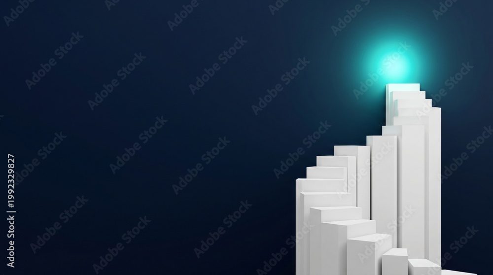 Fototapeta premium Minimalist white steps climbing towards a bright light.