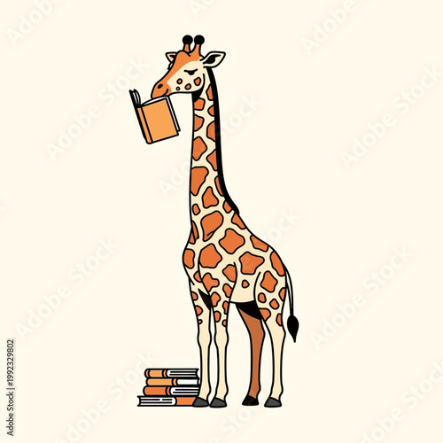 A giraffe reading a book standing next to stack.